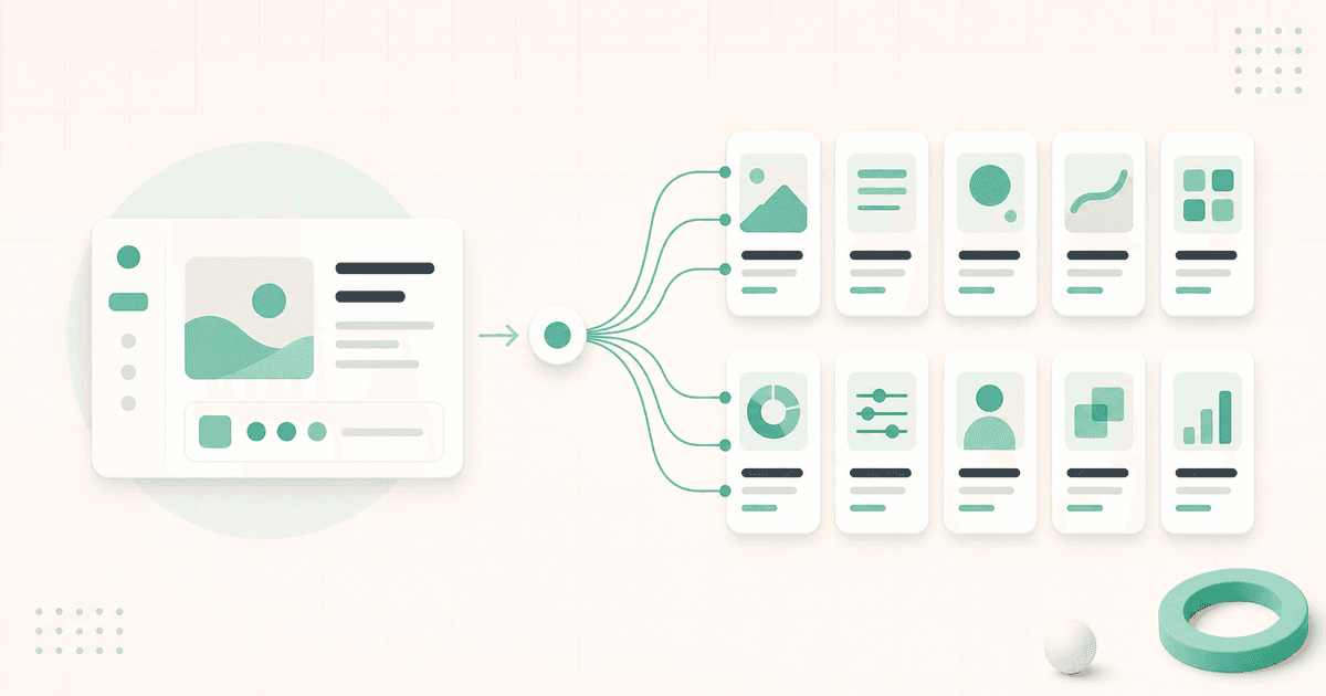 One SaaS feature card branching into ten short-form content cards.